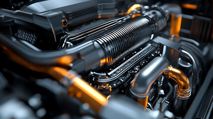 A close up of a car engine with orange and silver parts