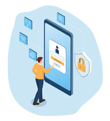 AI-powered login security with Businessman views password popup at smartphone's screen, icons signifying security features, social media, online shopping, and protective shield with a padlock.