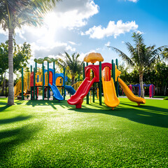 Colorful playground equipment on artificial turf creates a cheerful, inviting kids' play area under the bright sunny sky.