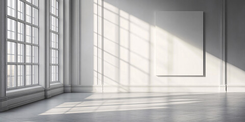 Obraz premium A minimalist interior of an empty sunlit room. Large windows and a blank canvas on the wall.