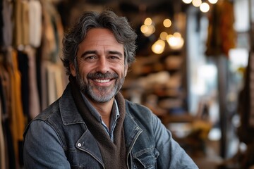 Fototapeta premium Smiling Mid-Adult Man in Retro Fashion Portrait at Local Storefront