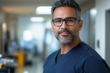 Obraz premium Portrait of a Confident Male Healthcare Professional in Hospital Attire with Friendly Smile and Expertise