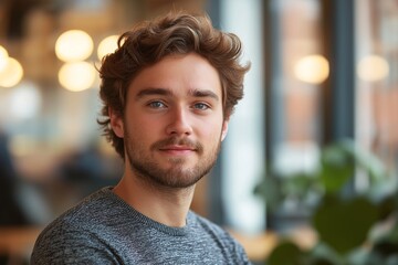 Obraz premium Smiling Young Man in Trendy Casual Wear at Coffee Shop - Natural Light Portrait, Relaxed and Cheerful Mood in Modern Urban Environment