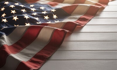 Fototapeta premium American flag draped on wooden surface patriotism national identity and holidays
