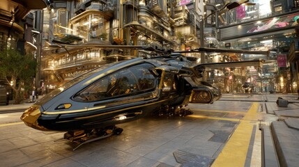Futuristic Urban Helicopter on City Street