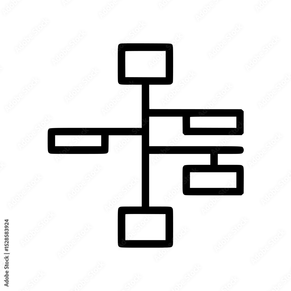 Poster simple black and white illustration of a flowchart or organizational chart with rectangular nodes co