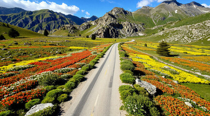 A summer mountain road, stretching into the distance. Colorful flower fields. AI generation.