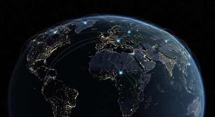 Global interconnectedness visualized through a glowing world map at night