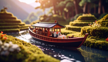 Floating sushi boat navigating miniature rice paddy terraces with wasabi mountains.. Generated Image