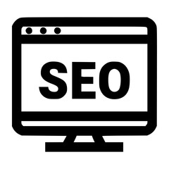 A computer monitor displays the letters "SEO" in bold, black text.