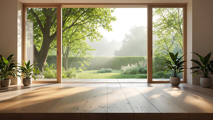 Spacious Room with Large Windows Overlooking Sunny Green Garden - Empty Wooden Floor and Potted Plants Interior