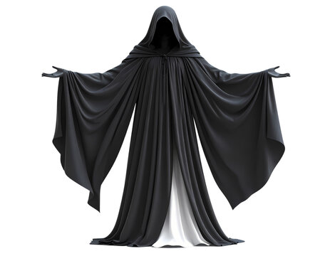 A Halloween ghost in a black hooded robe with outstretched arms isolated on transparent background. The figure is shrouded in mystery, evoking a sense of the unknown 