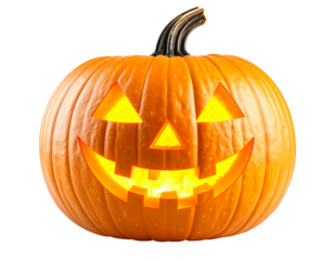 A carved Halloween pumpkin with a glowing face isolated on transparent background. The pumpkin sits, showcasing a spooky and fun carving