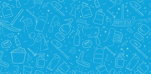 Seamless vector banner with outline cleaning icons. Background with hand drawn house work elements. Laundry sketch pattern.
