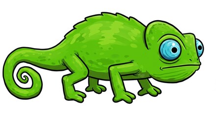 Fototapeta premium Cute Green Cartoon Chameleon Illustration with Big Blue Eyes