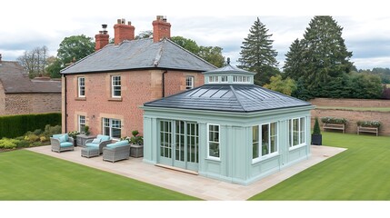 Elegant traditional English home with conservatory, garden furniture and landscape