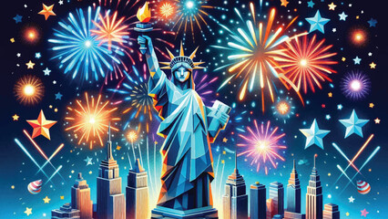 Statue of Liberty and Fireworks, A majestic, cartoon-style Statue of Liberty hold 