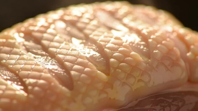 Duck breast being scored in crosshatch pattern, fat rendering