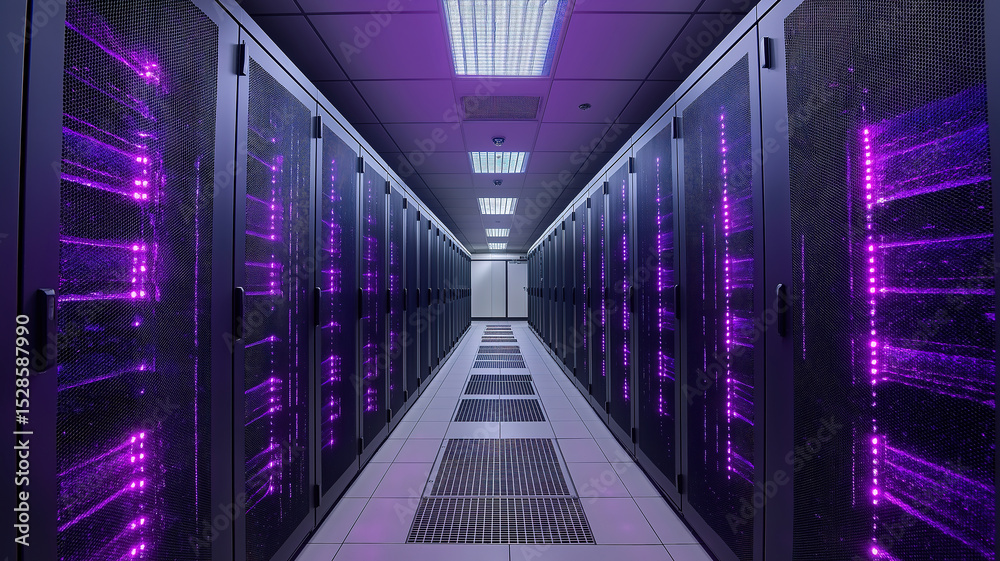 Poster inside a data center corridor with rack servers and supercomputers, emphasizing cloud storage techno