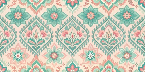 Elegant Pastel Floral Damask Pattern with Intricate Details and Symmetrical Design Ideal for Textile Prints and Surface Design Applications