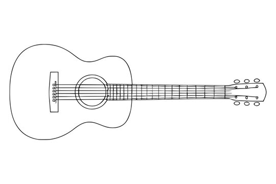 Minimalist acoustic guitar outline icon, musical instrument vector line design