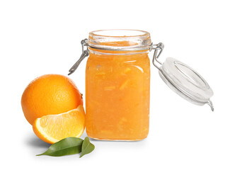 Jar of sweet orange jam and fruits on white background