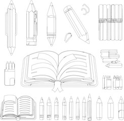 Back to School Line Art Illustrations of Pencils, Books, and Notebooks