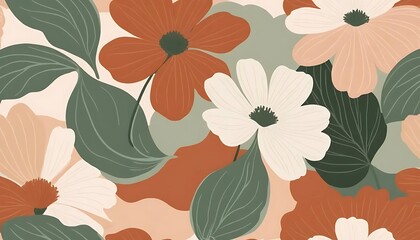 Botanical arrangement featuring flowers and leaves in muted earthy tones