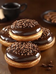 Chocolate cascade donut stack with aromatic coffee delight, a perfect treat
