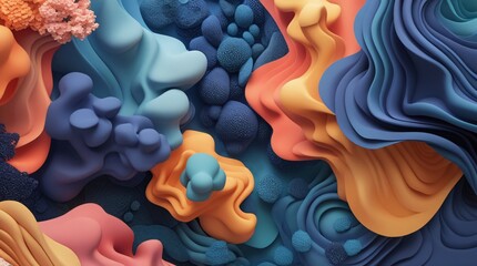 Abstract colorful 3D design with smooth flowing shapes. Vibrant orange, blue, and coral textures. Intricate patterns resembling organic fluid forms and soft textures.