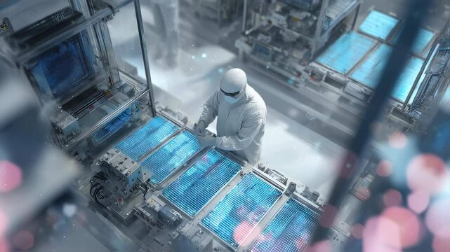 Scientist wearing protective suit examining high tech components on advanced assembly line, illuminated by blue machinery light in pristine laboratory