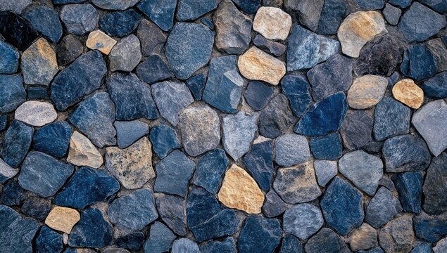 Close-up view of a textured stone wall, composed of various shades of blue, gray, and beige stones