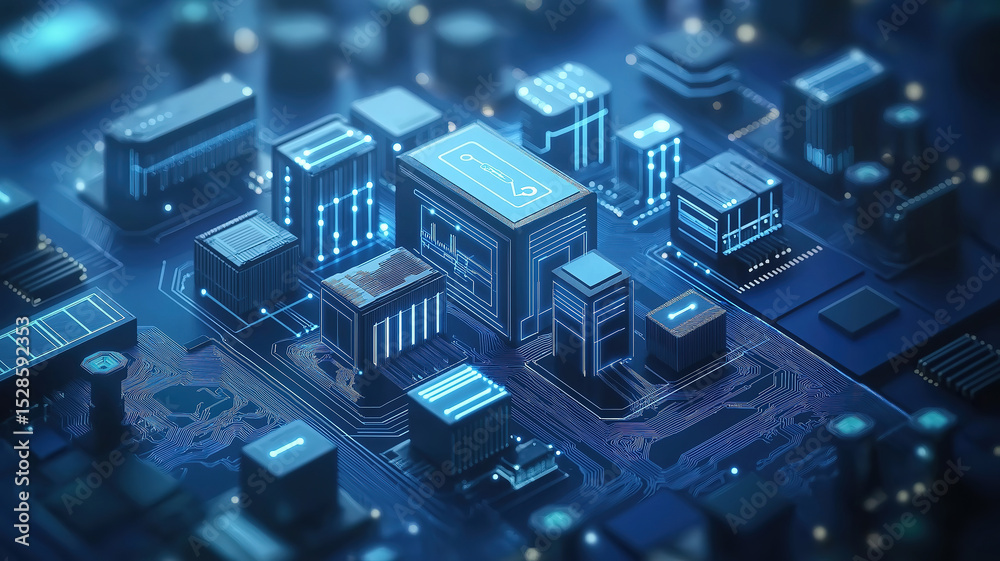 Poster cloud computing infrastructure with digital management icons and circuit graphics on blue backdrop