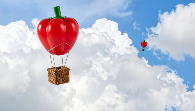 Chili pepper hot air balloons floating over cumin scented cloud terrain. Food Concept. Generated Image
