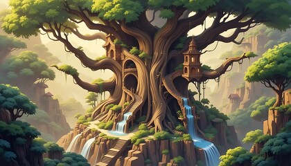 Magical Treehouse Wonderland, with Cascading Waterfalls and Stone Pathways