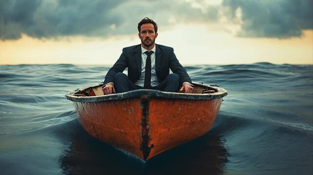 A businessman navigates turbulent waters in a small boat, symbolizing resilience, facing challenges and overcoming obstacles in the corporate world with determination and strategic mindset