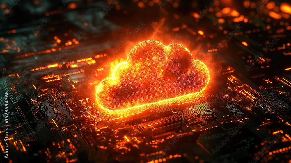 Poster digital cloud computing network with glowing cloud symbol resting on detailed circuit board design
