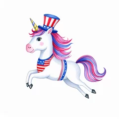 Patriotic Unicorn's Joyful Flight: A whimsical illustration showcases a unicorn adorned with stars and stripes, galloping through a joyful scene. capturing a celebratory spirit