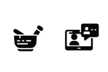 Online consultation and traditional medicine represented by mortar and pestle and video call.