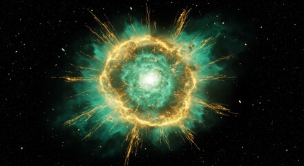 Spectacular cosmic explosion of green and gold nebula in the vast darkness of space