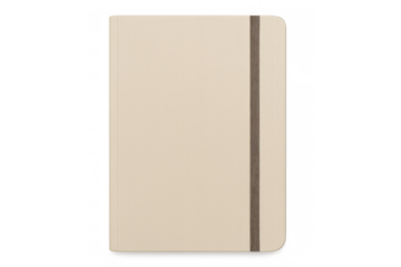 Sleek closed notebook featuring elastic band, resting on transparent surface, waiting for personalized creative design