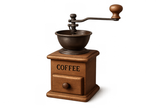 Vintage wooden coffee grinder featuring metal components, manual handle, isolated on transparent background