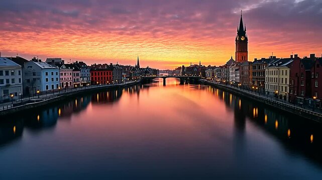 Gent, Belgium: Captivating sunrise over cityscape reflecting on Leie river water