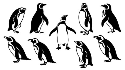 Naklejka premium Design a series of twelve penguin silhouettes with graphic minimalism, including variations in body posture, orientation, and species, all viewed from above and evenly spaced on a blank canvas.