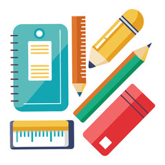 A vibrant flat lay illustration of various school supplies, including a teal notebook, an orange ruler, yellow and green pencils, and a red eraser, scattered in a playful composition on a white back