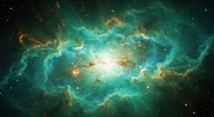 Obraz premium Ethereal cosmic cloudscape with turquoise, emerald, and gold accents against deep space