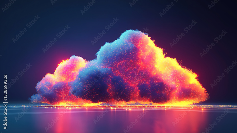 Poster abstract cloud computing scene with three glowing clouds connected by vibrant digital data flow