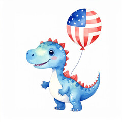 Naklejka premium Dinosaur with American Balloon: A cheerful illustration features a cute blue dinosaur, holding an American flag balloon against a pure white backdrop. A patriotic symbol.