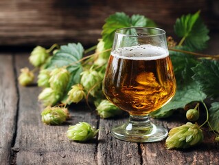 A glass of light hopped beer on a wooden table and green hops.