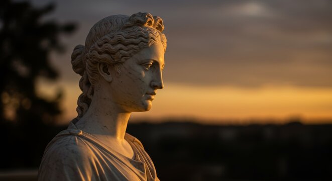 Golden hour illuminates a serene marble bust of a woman with intricate hairstyle